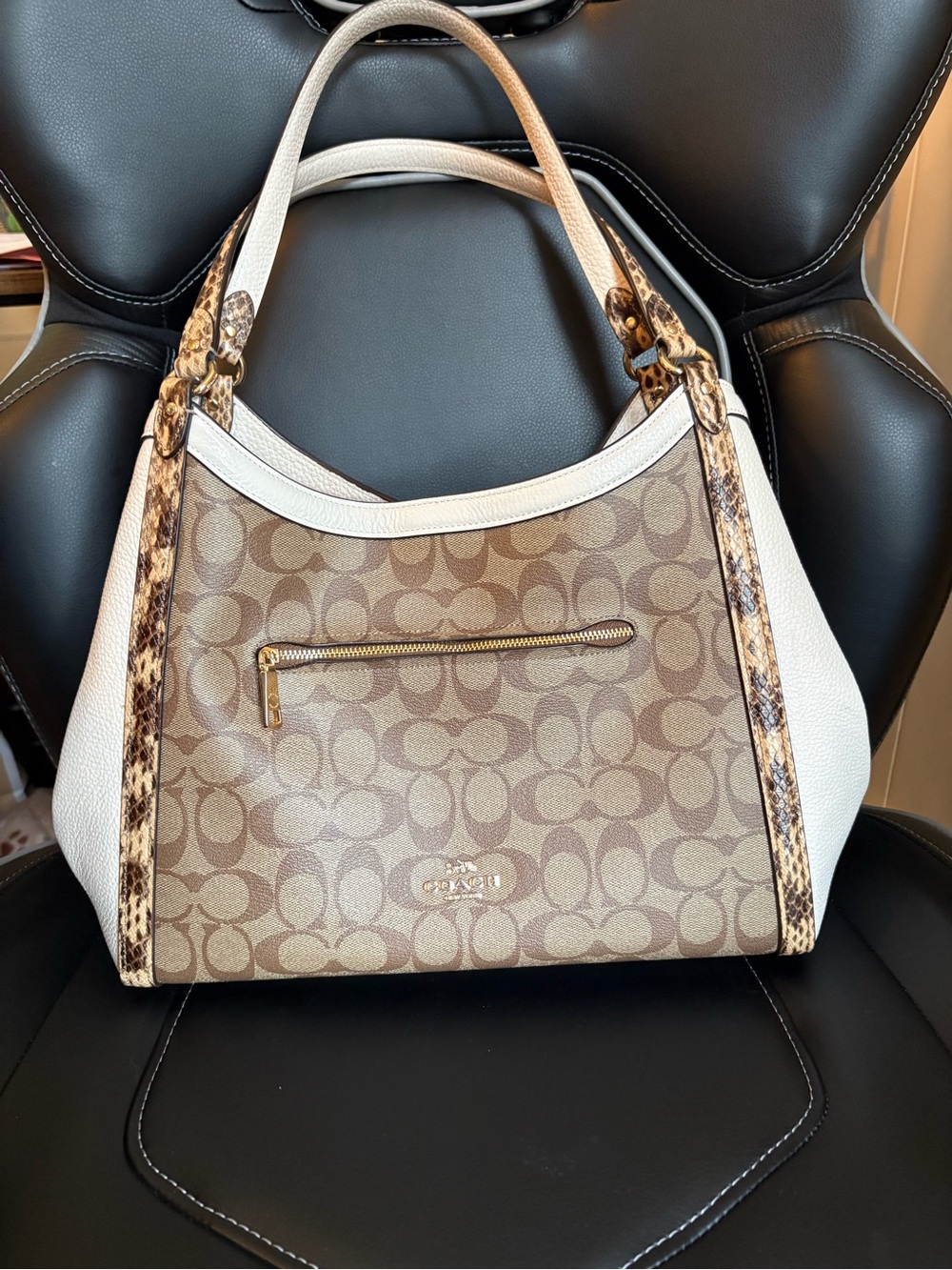 Coach Tan Signature Canvas Shoulder Bag with White Panels and Snakeskin Trim